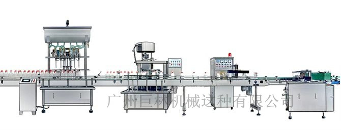 直列式裝機、自動鎖蓋機、鋁箔封口、糨糊貼標灌裝線 